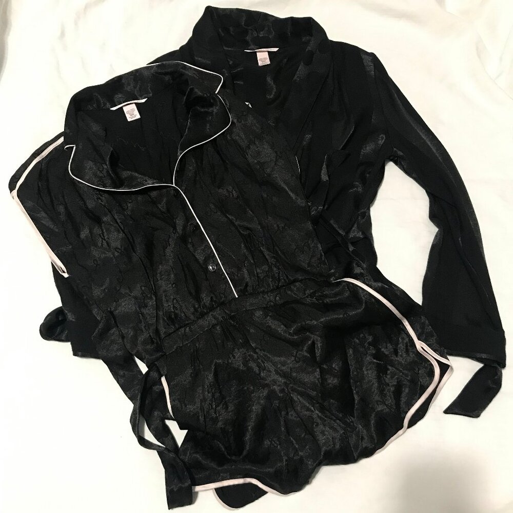 Victoria Secret Black Romper & Polka Striped Robe lot XS Sleepwear